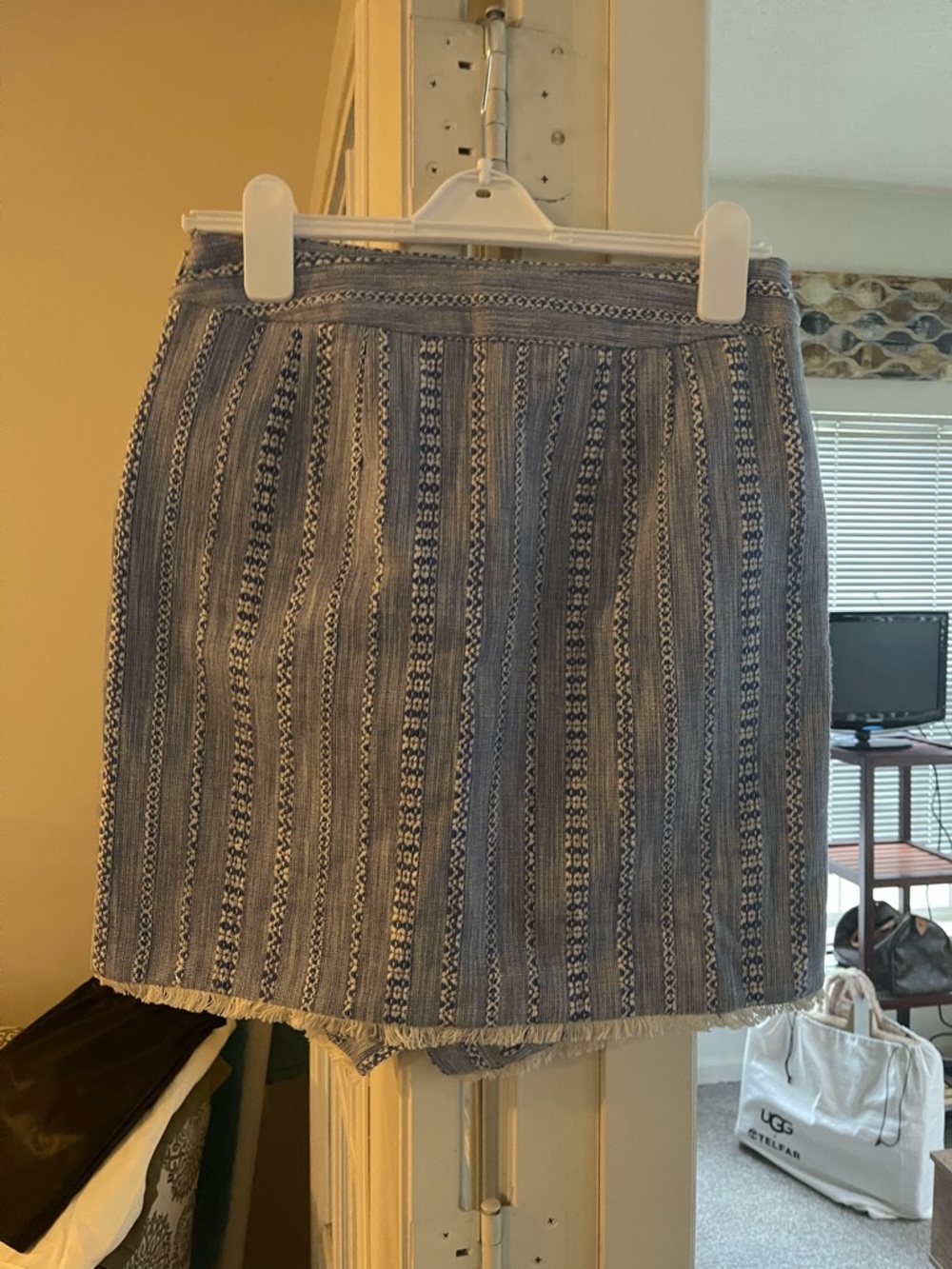 LOFT Blue and White Striped Mini Skirt with Fringe Hem